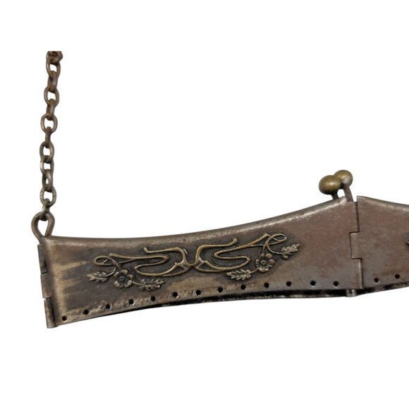 Antique Victorian Purse Reticule Square Frame Folding Floral Metal Kiss Closure - Picture 4 of 14